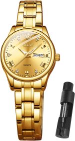 OLEVS Gold Watches for Women Luxury Wrist Watches Day and Date Waterproof Stainless Steel Quartz Analog Lightweight Ladies Watches Adjustable Bracelet Simple Dress Wristwatch Gold Black White Dial